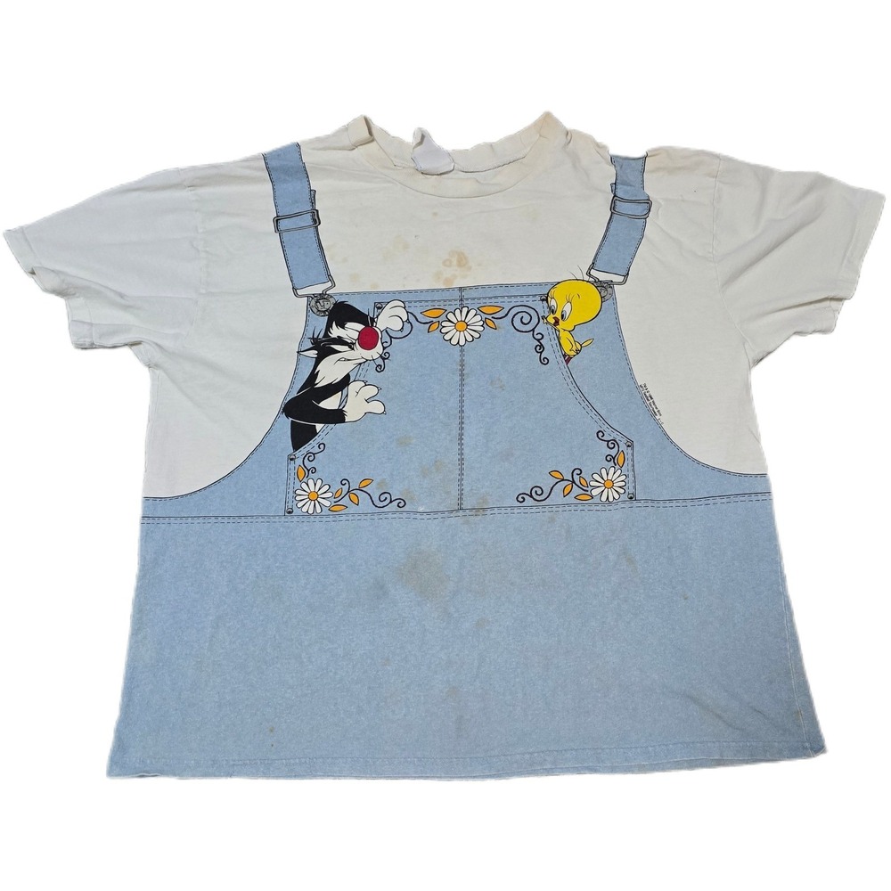 Vintage 90s Looney Tunes Sylvester and Tweety Overalls T-Shirt White (F)